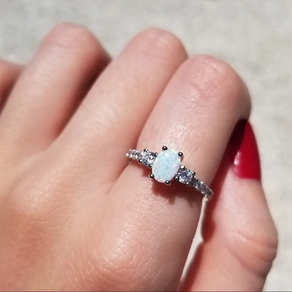 925 Sterling Silver Oval White Opal CZ Ring
